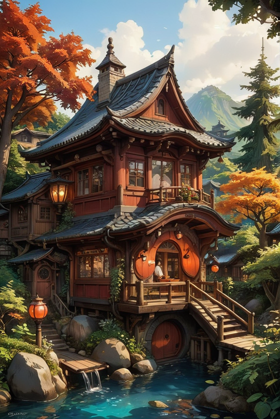 A surreal, hyper-realistic depiction of a dark red onsen bathhouse, reminiscent of Studio Ghibli's "Spirited Away." The scene captures the enchanting and whimsical essence of a traditional Japanese bathhouse, with intricate wooden architecture, warm glowing lanterns, and a serene, inviting atmosphere. The bathhouse is surrounded by lush greenery and a mystical ambiance, transporting viewers to a dreamlike world. The level of detail is extraordinary, with every wooden beam, lantern, and plant meticulously rendered, creating an immersive and magical visual experience.
hyper-realistic, surreal, onsen bathhouse, Studio Ghibli, Spirited Away, intricate wooden architecture, warm glowing lanterns, serene atmosphere, lush greenery, mystical ambiance, dreamlike world, extraordinary detail, immersive, magical.
<lora:20240627-1719439682067:0.85> FRESHIDEAS Fantasy Cottage,
<lora:add-detail-xl:1.0>,
<lora:EnvyBetterHiresFixXL01:1.0>,
<lora:extremely_detailed:1.0>, extremely detailed, 
<lora:EldritchMixIllustration_1.1:0.75>,
<lora:zavy-cntrst-sdxl:0.5> dark, chiaroscuro, low-key,