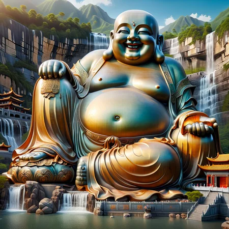 ultra-realistic style,(massive traditional Chinese Maitreya Buddha statue:1.2) situated behind a Buddhist temple,(reclining on a mountainside:1.1) next to a waterfall,with a (radiant smile:1.2) that is infectious,(corpulent figure:1.1) symbolizing prosperity and well-being,attired in a (loose but opulent kasaya:1.1) symbolizing wealth,exposing a (broad chest and large stomach:1.1) which signifies tolerance and magnanimity. Carrying a (large cloth bag:1.1) representing his compassion and wisdom,able to contain the world's treasures and spread light and hope. Artistic depiction highlights cultural significance and charitable,tolerant,optimistic social values. Rich in color,12K resolution,super-real,<lora:SDXLä½åå½åè©è©-000003:1>,<lora:ççå°å¥³[SDXLç½æ£±Lora]-çç³-ç»ç-é¶ç·-ç­è´¨æ_v1.1:0.4>,a girl formed of colored glaze,glazed girl,coloured glaze,jade,glass,translucent,, 8K, best quality, blurred, bokeh, depthoffield, filmgrain, glisteningskin, HDR, highres, Kodakportra400, lens flare, masterpiece, photography,   RAW photo, realistic, shar pfocus, ultra detailed, ultra highres, vibrant color, masterpiece,best quality,ultra high res,mini_world,the mini world composed of ancient architecture and a mountain  and waterfal and river and bridge,vivid color,c4d,potted plant_style,<lora:å¾®ç¸®ä¸ç(è¸å±±è½æµ·):0.3>,