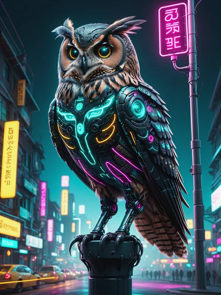 cyberanimals black owl on lamp post, dynamic pose, cyberpunk, city, neon lights, night, teal, magenta, yellow <lora:Neon_Cyberpunk_SDXL_Cyberanimals:0.8>, (masterpiece:1.2), best quality, (hyperdetailed, highest detailed:1.2), high resolution textures
