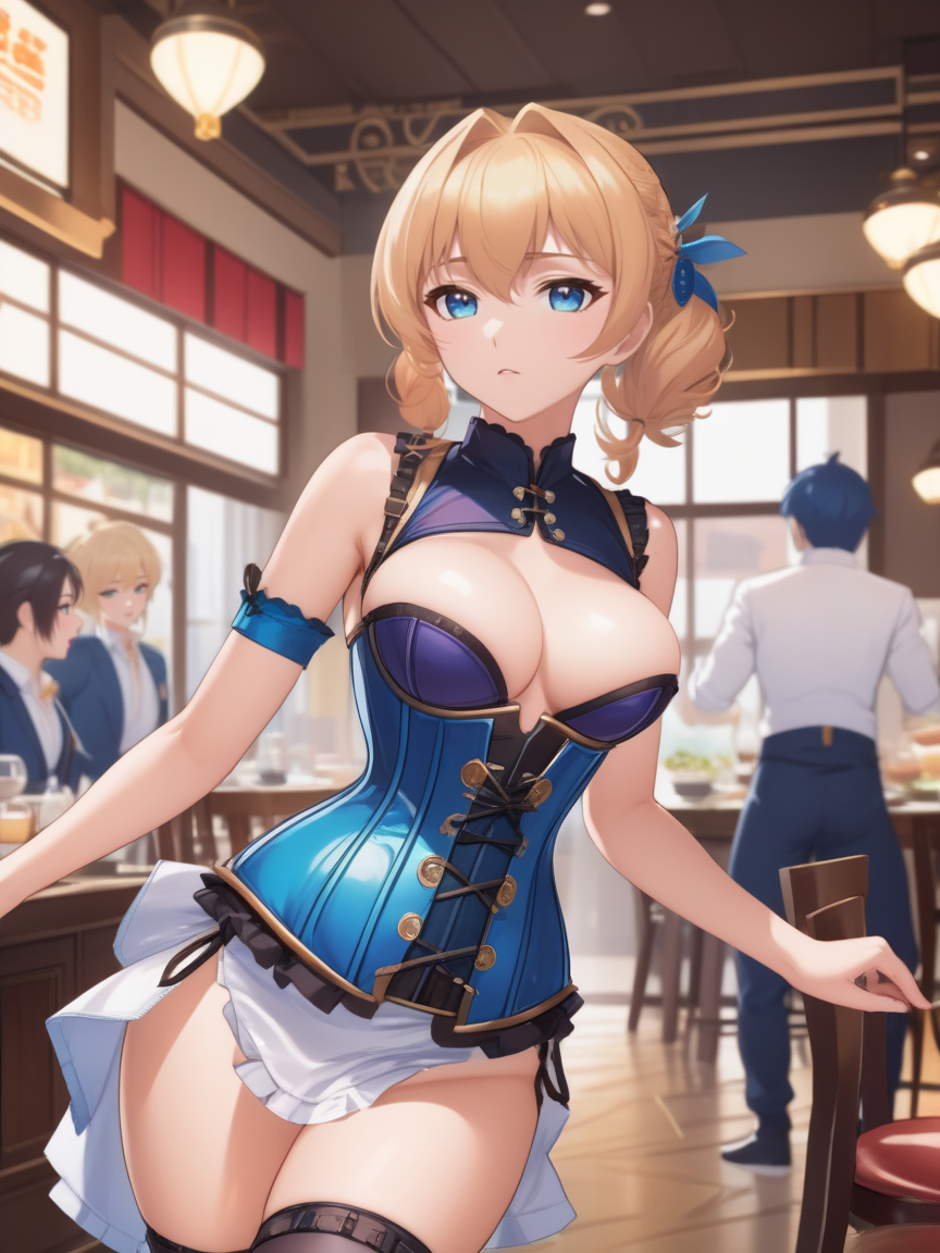 anime artwork beautiful woman wearing an underbust corset Pouncing in Restaurant, <lora:xl_underbust_corset-1.0:0.8> . anime style, key visual, vibrant, studio anime,  highly detailed