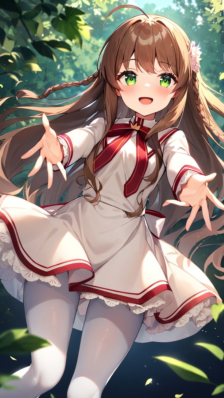 masterpiece,best quality,very aesthetic,absurdres, <lora:XL kanbe_kotori:1>,1girl,kanbe_kotori,solo,Standing on the ground,frontal,front view,Positive por,masterpiece,best quality,very aesthetic,absurdres, kanbe_kotori, 1girl, solo, school uniform, flower, ahoge, pantyhose, smile, white pantyhose, frills, looking at viewer, open mouth, outstretched arms, leaf, wind, standing, thighhighs, reaching