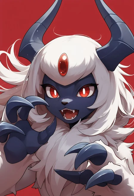 score_9,score_8_up,score_7_up,score_6_up, <lora:furry_support_prefect_pdxl:1>absol, :o, animal focus, claws, forehead jewel, gen 3 pokemon, horns, no humans, open mouth, pokemon \(creature\), red background, red eyes, simple background, single horn, solo, white hair