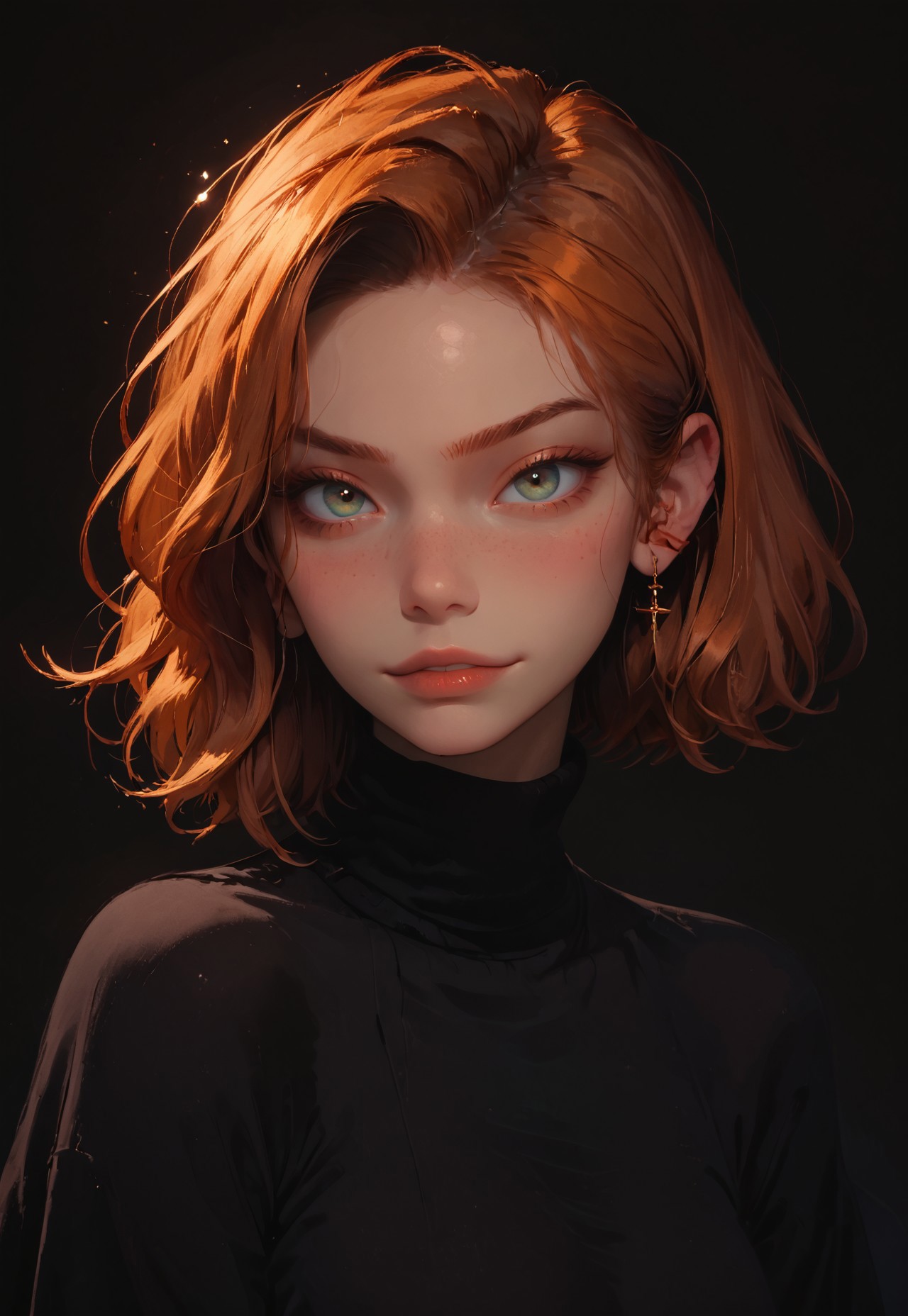 safe_pos, score_9, score_8_up, score_7_up, score_6_up, 
1girl, 18yr old, ginger hair, side ponytail, slender, freckles, hazel eyes, flirty smirk, busty, black turtleneck, (sexy, alluring:1.2), closeup, portrait, 
night, dark, simple background, volumetric lighting