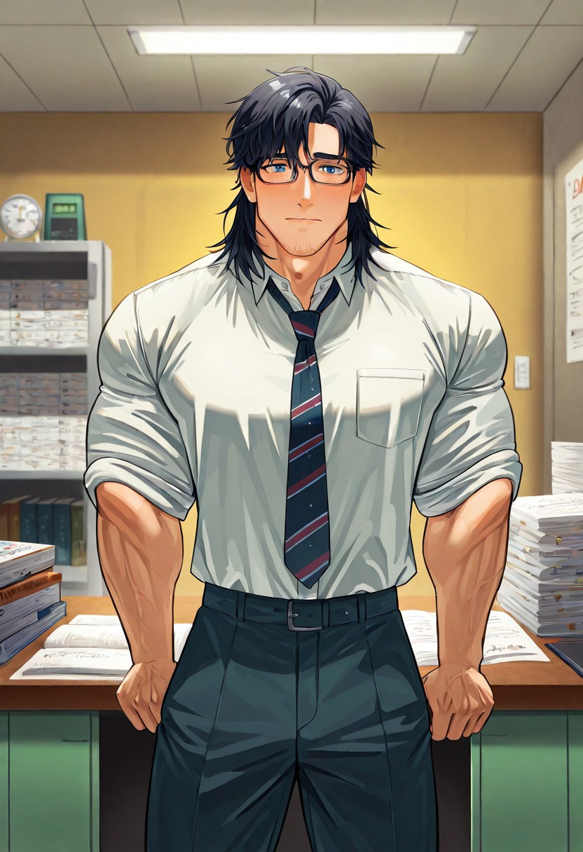 A young Asian-American man in his early twenties stands in a quiet university lab, bathed in soft fluorescent light. He’s slim, standing 5'8" with a toned but slight build, weighing around 140lbs. His thick black hair is neatly side-parted, impeccably styled. He wears pressed khaki pants, a crisp white button-up shirt, and a slim navy tie — typical academic attire — along with wire-framed glasses that slip slightly down his nose. His face is soft, with sharp cheekbones but a gentle jawline, clean-shaven with only the faintest hint of evening stubble. His skin is smooth and fair with a slight pallor from long hours indoors. His dark blue eyes are warm and nervous, often darting away shyly. His posture is hunched slightly, as if trying to take up less space. Behind him, shelves overflow with dense textbooks, neatly organized notes, and complex biochemical diagrams. The air smells faintly of clean soap and paper. Despite the academic calm, there's a hidden tension in his stance — like something inside him is waiting to wake up."