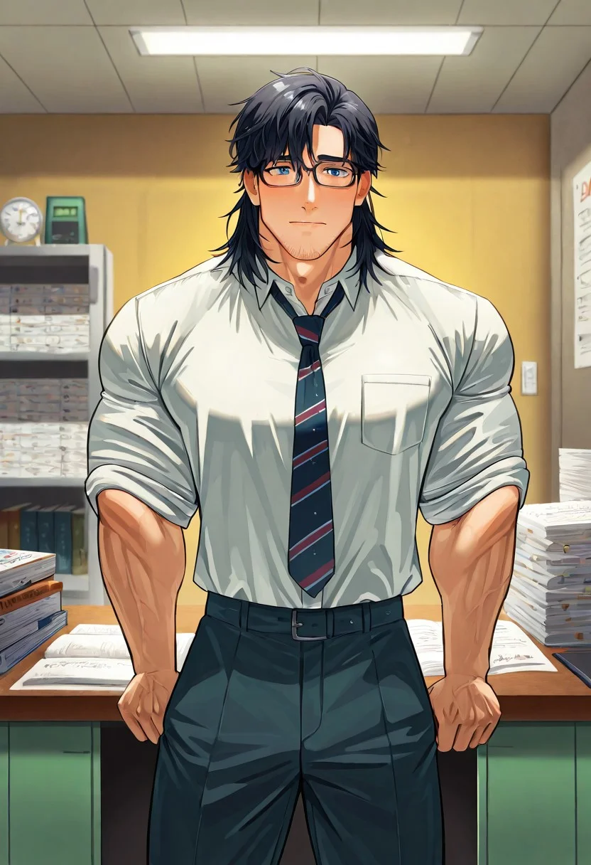 A young Asian-American man in his early twenties stands in a quiet university lab, bathed in soft fluorescent light. He’s slim, standing 5'8" with a toned but slight build, weighing around 140lbs. His thick black hair is neatly side-parted, impeccably styled. He wears pressed khaki pants, a crisp white button-up shirt, and a slim navy tie — typical academic attire — along with wire-framed glasses that slip slightly down his nose. His face is soft, with sharp cheekbones but a gentle jawline, clean-shaven with only the faintest hint of evening stubble. His skin is smooth and fair with a slight pallor from long hours indoors. His dark blue eyes are warm and nervous, often darting away shyly. His posture is hunched slightly, as if trying to take up less space. Behind him, shelves overflow with dense textbooks, neatly organized notes, and complex biochemical diagrams. The air smells faintly of clean soap and paper. Despite the academic calm, there's a hidden tension in his stance — like something inside him is waiting to wake up."