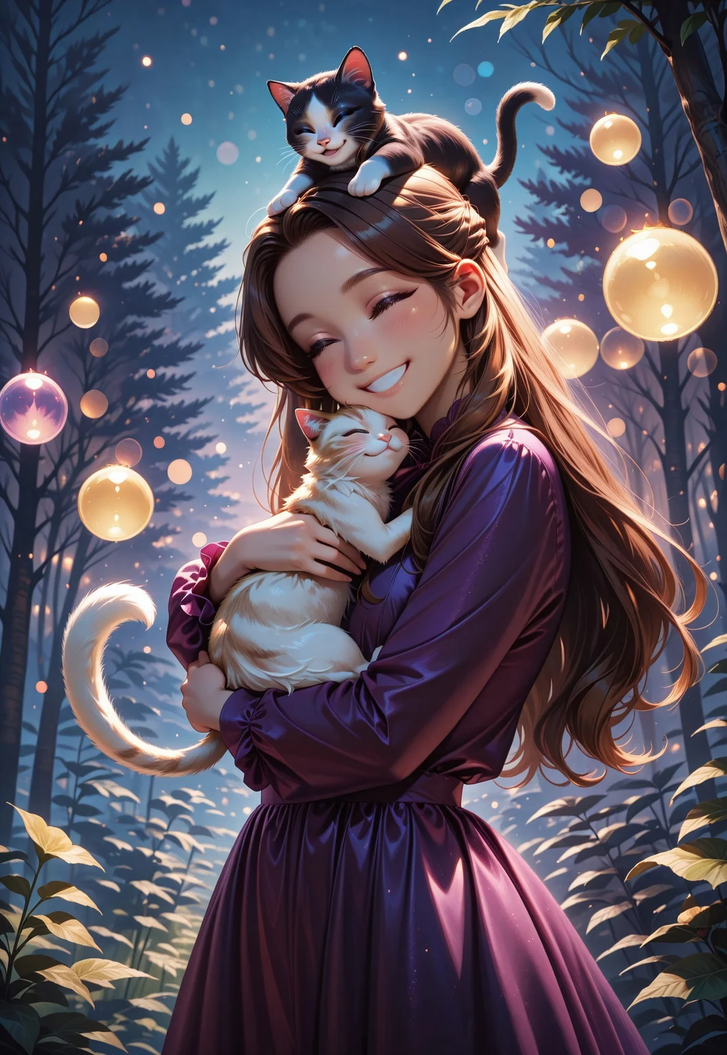 bokeh, luminescent background, realistic, 1girl, brown hair, sidelocks, half updo, long hair, purple dress, masterpiece, best quality, absurdres, cute, kawaii,
outdoors, nature,
standing, holding cat, hug, (cheek press:0.8), kitten, cat on head, happy smile, closed eyes, very happy,
intricate, highly detailed, majestic,