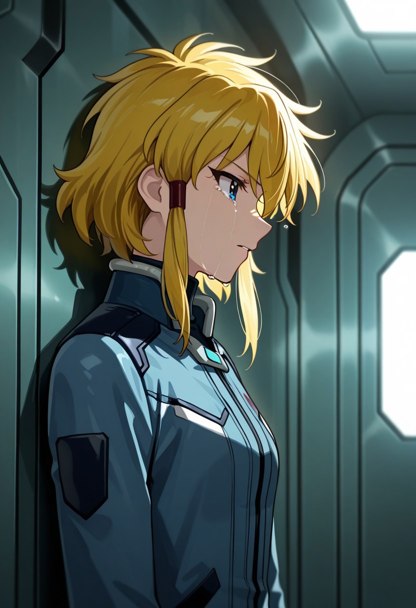 masterpiece, best quality, 32k, high resolution, absurdres, sara werec, teeth, pilot suit, long sleeves, jacket, tears, profile, serious, expressionless, indoors, turtleneck
