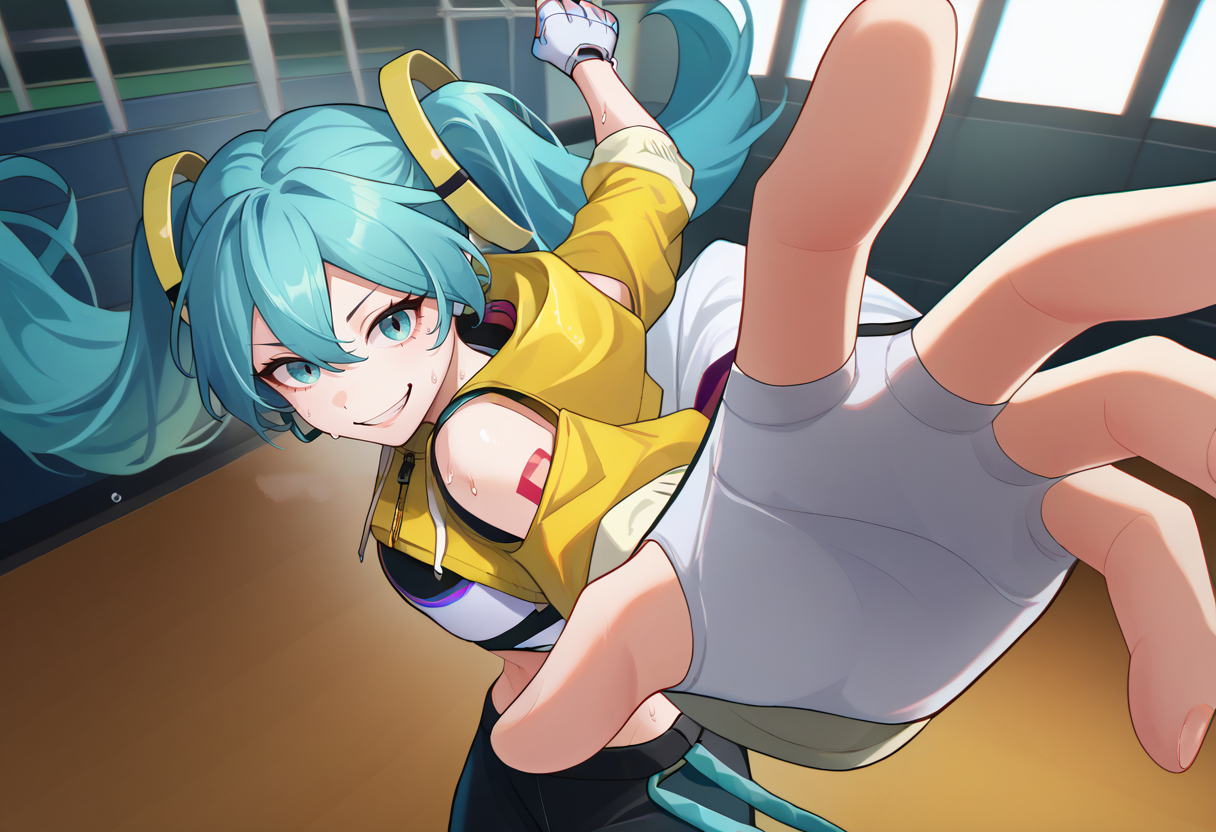 score_9, score_8_up, score_7_up, solo, 1girl, fitnessmiku, sweat, grin, looking at viewer, IncrsPunchMeme, incoming punch, twintails, hair ornament, yellow jacket, cropped jacket, shoulder cutout, sports bra, white gloves, fingerless gloves, black pants, bare shoulders, midriff, indoors, gym <lora:vocaloid_fitnessboxingmiku_ponyXL:1> <lora:PepePunchMeme_XLPD:1>