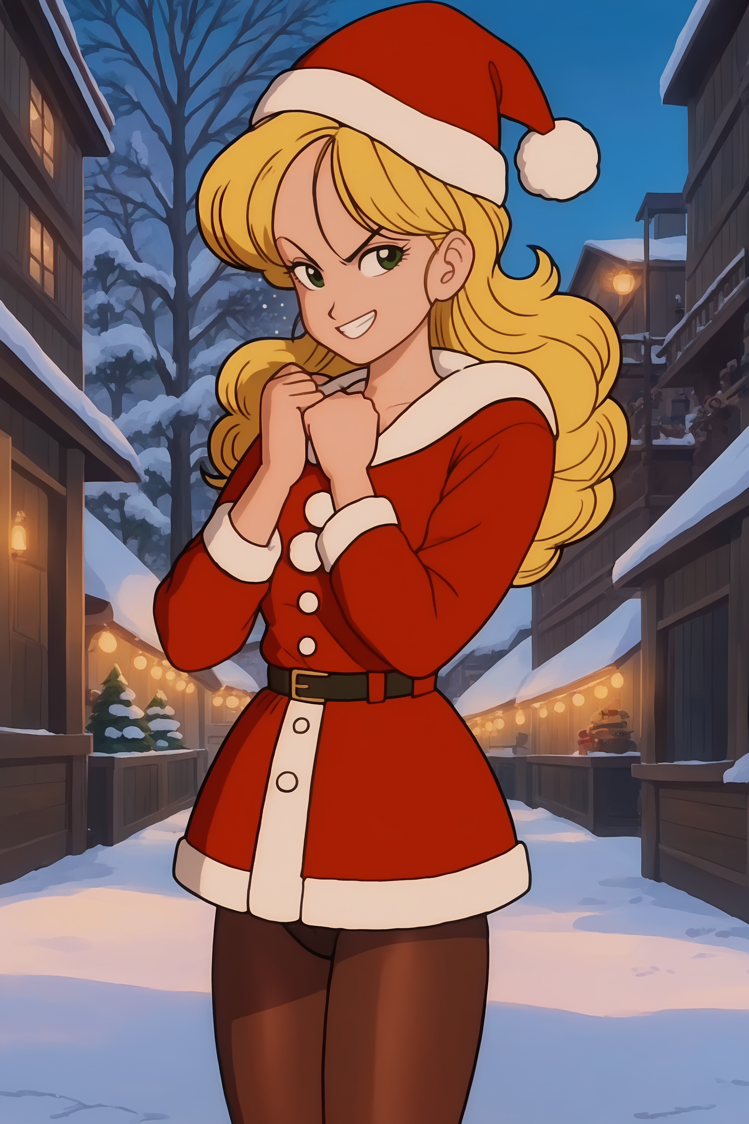 source_anime, score_9, score_8_up, score_7_up, anime screencap, absurdres, high quality,
official style, 1girl, solo, 
launch bad, blonde hair, long hair, curly hair, green eyes,
santa hat, santa costume,  snow, cowboy shot, short skirt, pantyhose, belt, fur trim, smile, v, dappled sunlight, mountainous horizon, smile, teeth, 
 <lora:Launch_v1:0.8>