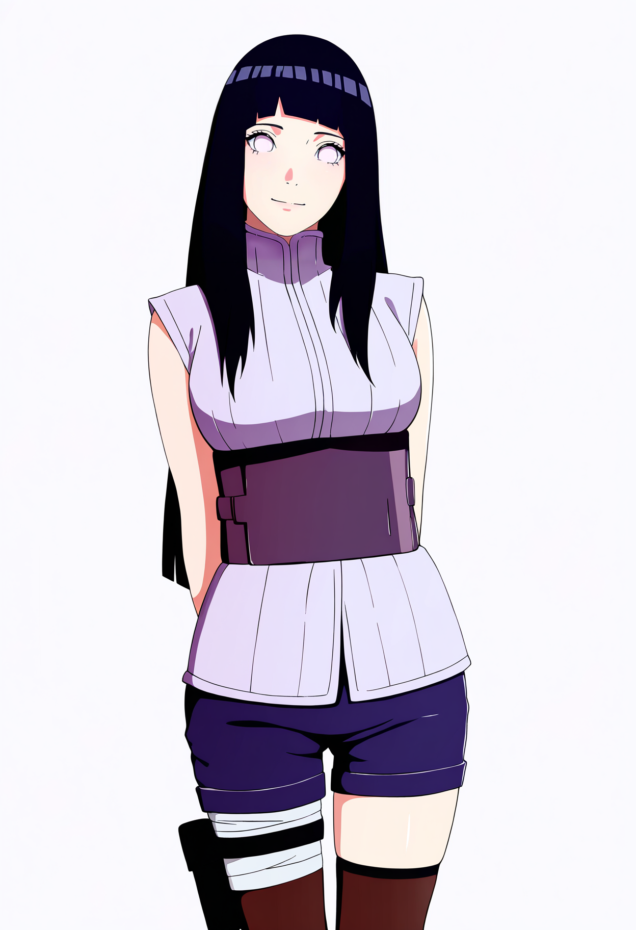 masterpiece, best quality, very aesthetic, absurdres,
1girl, hyuuga hinata, long hair, black hair, white eyes,
thighhighs, obi, shorts, sleeveless,
arms behind back,
smile, (solo:1.3), looking at viewer, simple background, white background,    <lora:HinataTheLastbXL_byKonan:1>