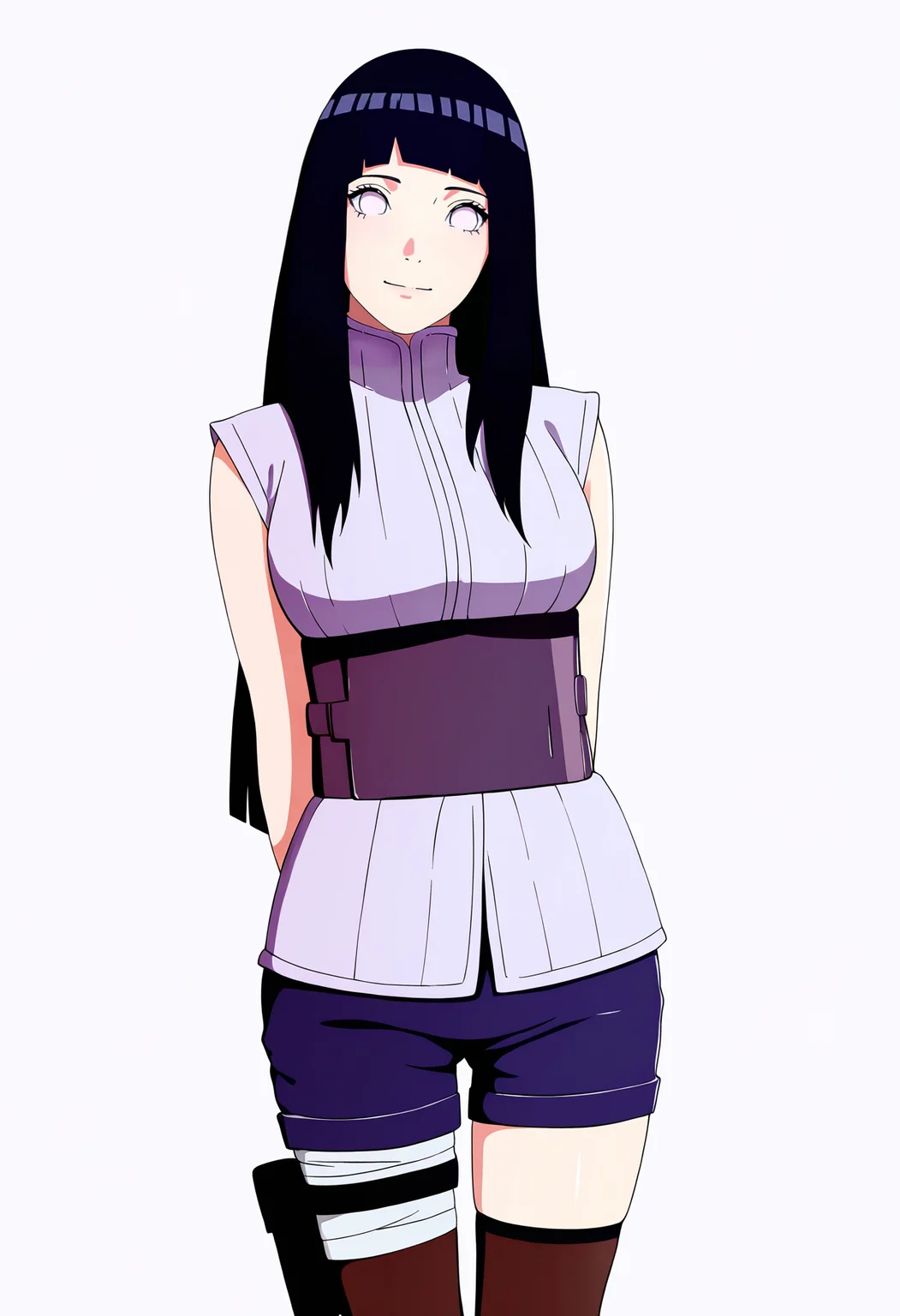 masterpiece, best quality, very aesthetic, absurdres,
1girl, hyuuga hinata, long hair, black hair, white eyes,
thighhighs, obi, shorts, sleeveless,
arms behind back,
smile, (solo:1.3), looking at viewer, simple background, white background, <lora:HinataTheLastbXL_byKonan:1>