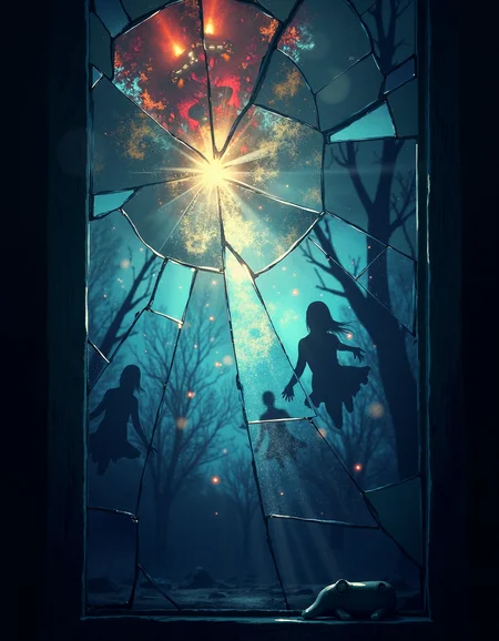 Create a panel of broken stained glass, with jagged pieces scattered across the image, The scene depicted within the shattered glass is terrifying â maybe a ghost, a monster, or a chaotic, overwhelming landscape, Light filters through the broken glass, creating rainbows and splintered patterns, Some of the refracted light creates unexpected images in the cracks, Use a limited color palette to emphasize the eerie, glowing qualities of the horror scene, The overall effect should be unsettling and mesmerizing, drawing the eye in to discover impossible images, , (&:0)