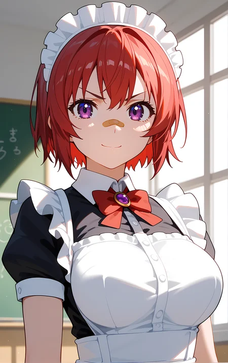 (score_9, score_8_up, score_7_up), standing, looking at viewer, closed mouth, light smile, tight clothes, upper body, close-up,
ohwx, 1girl, solo, short_hair, purple_eyes, red_hair, breasts, bandaid_on_face, bandaid, v-shaped_eyebrows, large_breasts, bandaid_on_nose,
maid, maid_headdress, wrist_cuffs, apron, zettai_ryouiki, bow, white_thighhighs, alternate_costume, dress,
window, sunlight, classroom,
<lora:azuki_shinatsu_pony_ss:1>