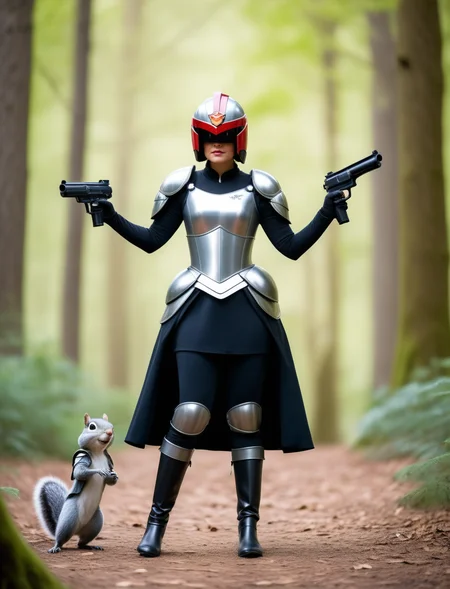 cartoon art by pixar, disney princess cosplay, ((parody)), high quality, (armor, helmet, black visor), [crown]  scowl, blurry foreground, bokeh, <lora:Char_maj-JudgeDredd2012v2-SDXL:0.55>, full body, (ballgown), birds, squirrels, forest creatures, forest glade, boots, arms outstretched, singing, holding guns, enchanting