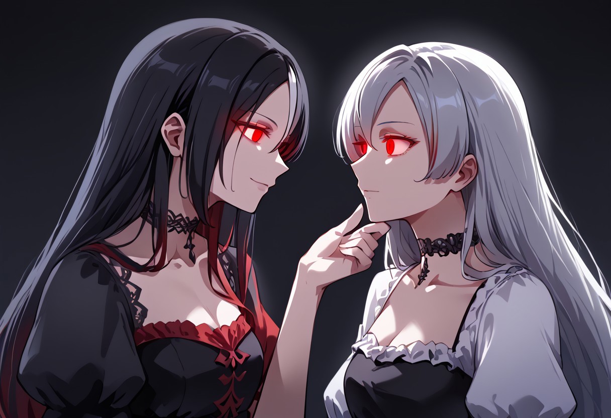 anime, two girls, adult, empty eyes, hypnotized, blank expression, expressionless, chin grab, handfixer, staring at another, looking into eyes, long hair, hair highlights, choker, sexy smile, fancy dress, glowing eyes, red eyes and black eyes