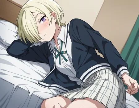 score_9, score_8_up, score_7_up, source_anime, <lora:mia-taylor-s2-ponyxl-lora-nochekaiser:1>, mia taylor, short hair, blonde hair, purple eyes, hair over one eye,, skirt, shirt, ribbon, school uniform, collared shirt, plaid, black shirt, neck ribbon, plaid skirt, white skirt, jacket, checkered skirt, nijigasaki academy school uniform,, indoors, bed, bed room, on side, blush, drunk, looking at viewer, solo,, cowboy shot, dutch angle
