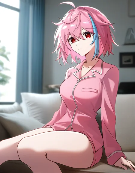 (hibioes:0.8),thighs,photo background,simple background,thighs,pajamas,indoors,sofa,
<lora:xialuo_noob:0.8>,xialuo,1girl,solo,red eyes,ahoge,pink hair,breasts,multicolored hair,blue hair,short hair,streaked hair,bangs,
masterpiece,best quality,very aesthetic,absurdres,