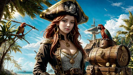 (young redhead pirate woman), (portrait), (parrot:1.2), sharp focus, (ultradetailed), (standing), (happy) smile, pirate (ship galleon:1.2,  hoop earrings, gold medallion, Dark Yellowpirate clothes, pirate hat, hips,   pirate (village), leafy beach coast, (treasure chest with coins, gems and jewels:1.2), (rum barrel), best quality masterpiece,  bright sunny sky, backlight, natural lights, high contrast, hdr, shadows, pretty, beautiful, feminine, sexy, adorable, lovely, in love, (PirateDiffusionprt:0.5),  <lora:Pirate:0.3>  PrateT  <lora:PirateRealms:0.3> <lora:Detail Tweaker LoRA add_detail:0.8> <lora:depth_of_field_slider_v1:5> <lora:SDXLrender_v2.0:0.9>