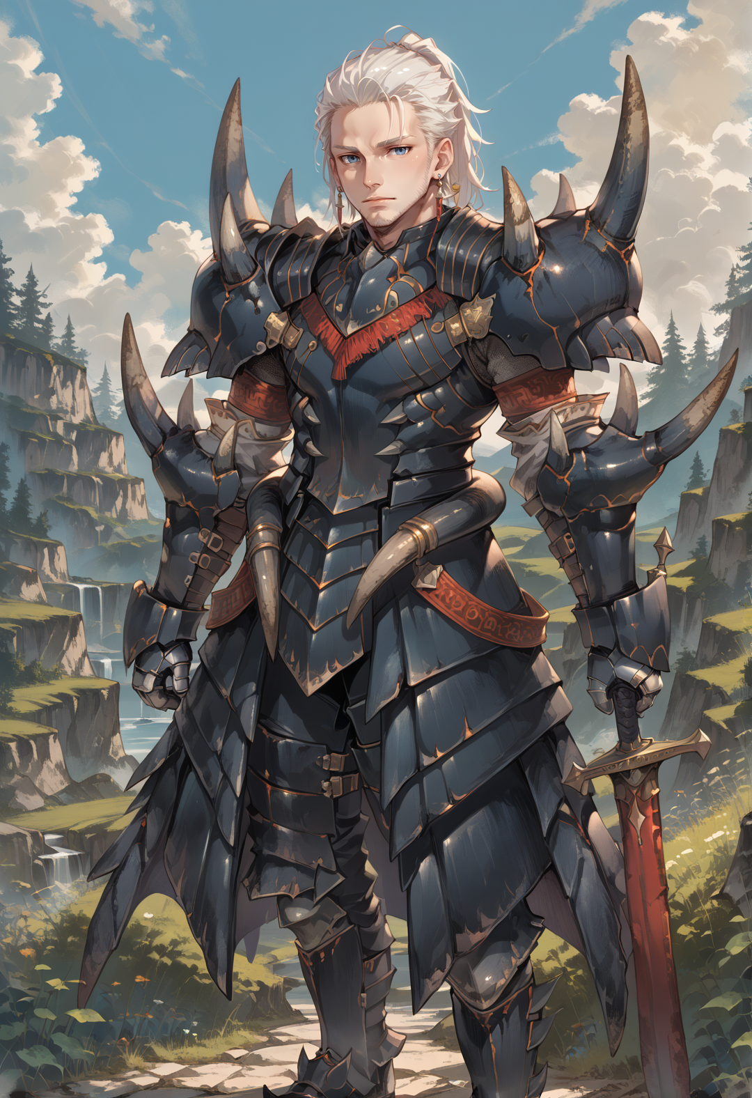 (score_9:0.9),score_8_up,score_7_up,rating_safe,anime style,(zPDXL),<lora:Akantor armor - male ponyXL v1:0.8>,akantor armor,solo,1boy,blue eyes,earrings,jewelry,male focus,sword,white hair,ponytail,black gauntlets,standing,black armor skirt,black armor boots,black shoulder armor,