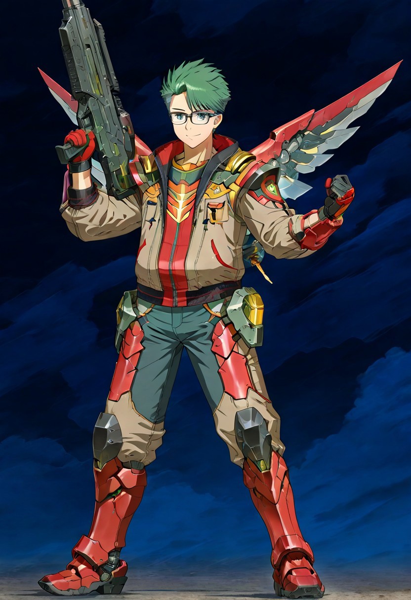 gb4_tao, green hair, short hair, grey eyes, 1boy, solo, male focus, glasses, lean body, wear mecha armor with eagle mecha wings, red mecha armor theme, fly toward the viewer, fight pose, high quality,  armaments equipped in the armor,  score_9, futuristic city in the background, BREAK, his right hand is holding beam rifle, high quality, best quality, masterpiece, detailed draw,detailed eyes, detailed face