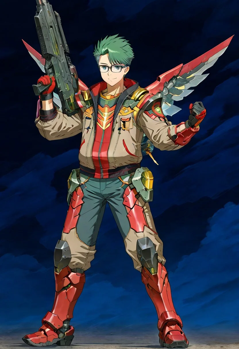 gb4_tao, green hair, short hair, grey eyes, 1boy, solo, male focus, glasses, lean body, wear mecha armor with eagle mecha wings, red mecha armor theme, fly toward the viewer, fight pose, high quality, armaments equipped in the armor, score_9, futuristic city in the background, BREAK, his right hand is holding beam rifle, high quality, best quality, masterpiece, detailed draw,detailed eyes, detailed face