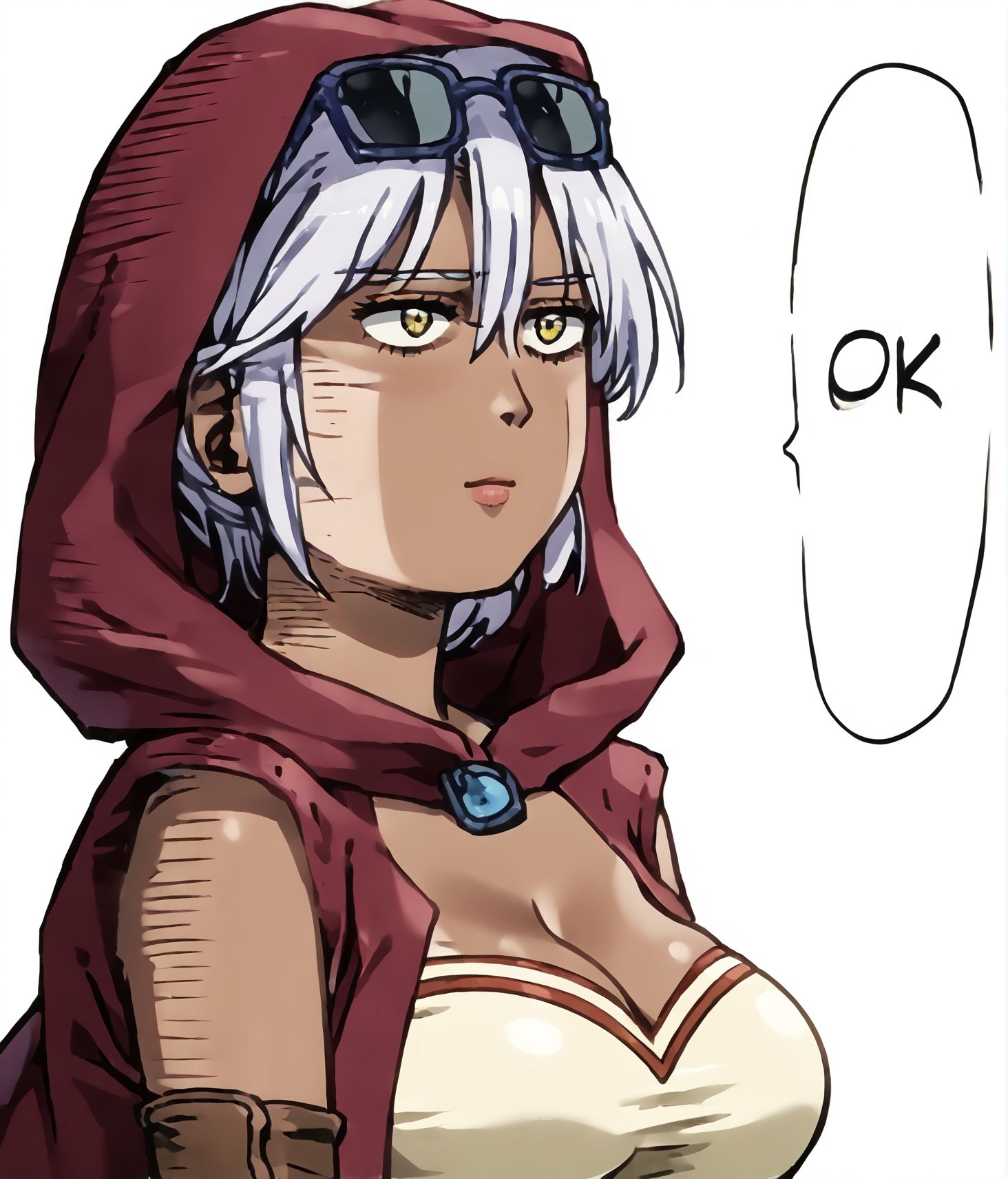 score_9,score_8_up,score_7_up,masterpiece, best quality, <lora:WHM 0.2v:0.5>, WHM, 2D,anime,  source_manga, 
 large breasts, 1girl, alone, masterpiece, highres, highly detailed face,<lora:One_punch_man_meme-000006:1.2>, onepunchman_meme, speech bubble, english text, meme, parody, parallel lines, impact lines, simple background, white background, side view,
BREAK
m4r1ah,   <lora:Jojos_Bizarre_Adventure_Mariah_-_Pony:0.9> mariah, girl, white hair, tanned skin, sunglasses on head, neutralexpression, red cloak, short sleeves, brown gloves, yellow top, yellow eyes,