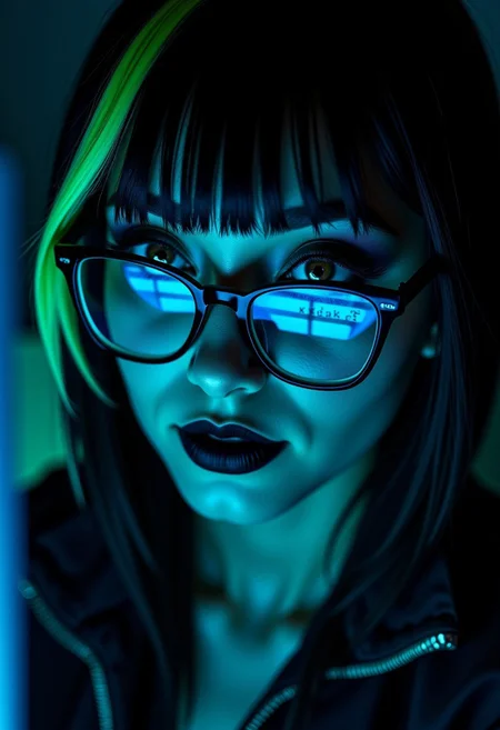 Incredible background, extreme closeup of Stunning female cyberpunk hacker, straight-cut two-tone hair, black with neon green highlights pop culture glasses, dark eye-shadow, black lipstick, looking at an unseen computer screen, her glasses reflecting neon blue mirrored, reversed ASCII analog text on a black background, Perfect Composition, realistic photographic image, RAW photo highest quality, perfect directional lighting, incredible cover photo, best background