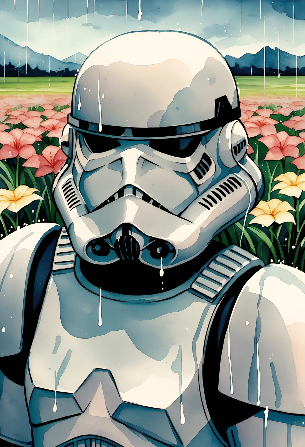 score_9, score_8_up,
stormtrooper, armor, flower, helmet, grass, watercolor painting, rain, solo, upper body <lora:StormtrooperXL:1>