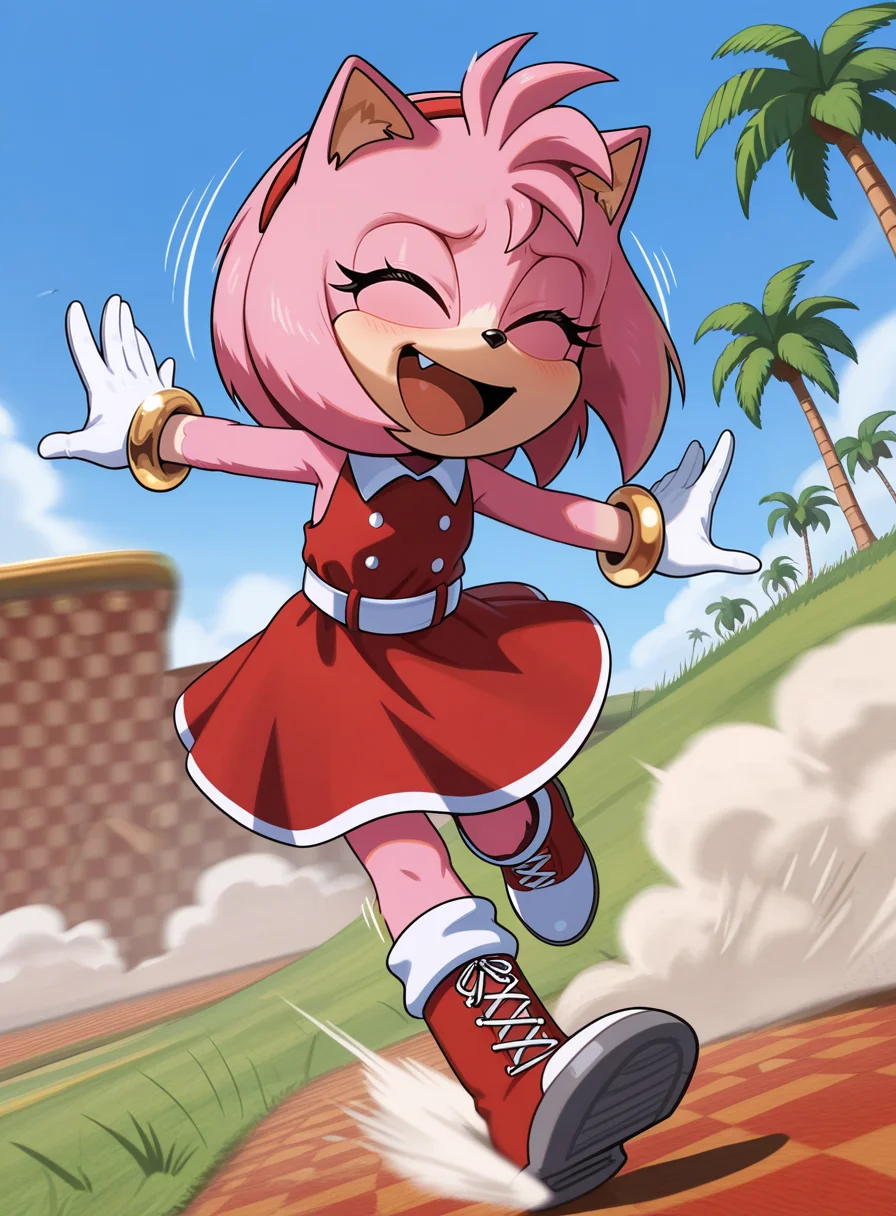 1girl, solo, full body, no humans, furry,
<lora:Movie-Amy_v3:1> movieamy, petite, short legs, happy, smile, short, pink fur,
red hairband, red dress, sleeveless dress, backless outfit, white belt, collared dress, white socks, white gloves, standing, lace-up boots, red boots,
gold bracelet, running, outstretched arms, motion lines, motion blur, speed lines, :d, open mouth, fang, ^ ^, dust cloud,
<lora:Green_Hill_Zone-IL:0.8> gr33nh1ll, outdoors, blue sky, palm tree, grass, water, checkered dirt, extremely detailed, highres, masterpiece, best quality