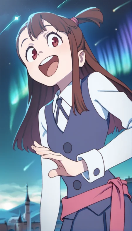 score_9,score_8_up,score_7_up,
<lora:AtsukoKagari:0.9>,akkokagari,
1girl,solo,brown hair,long hair,bangs,short ponytail,pink hair tie,red eyes,looking at viewer,open smile,white long sleeve shirt,white collar,bowtie,dark blue vest,pink waist ribbon,dark blue short skirt,portrait,
blurry background,outdoors,night,starry background,shooting star,starry night,bloom,light particles,lens flare,cloud,lens flare abuse,cityscape,aurora,meteor shower,magic academy,castle,