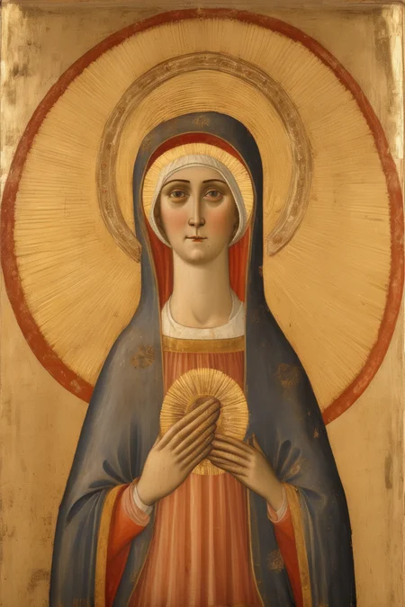 <lora:Simone Martini Style:1>Simone Martini Style - icon of women holding a baguette. she has a halo over her head and is smiling. In the style of Giotto.