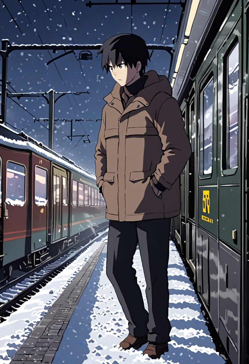 Highres, Masterpiece, High Quality, 4K, 8K, solo, 1Boy, Takaki Toono, adult, black hair, short hair, casual, snow jacket, train station, stuck train, blizzard, night, easynegative, detailed_eye_model