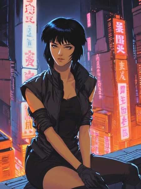 masterpiece, best quality,
<lora:gits_style:0.6>,
gits95,
, solo, gloves, fingerless gloves, 1girl, short hair, black hair, sitting, retro artstyle,cyberpunk city backround,night,glow,neon,natural light,detail shadow