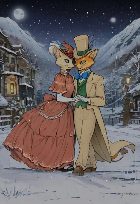 score_9, score_8_up, score_8, cute, in the style of beatrix potter, cel-shading, fca style, baroness louise, white fur, cat, female cat, anthro, baron humbert, ginger fur, cat, male, anthro, suit, tuxedo, blue bow-tie, blow-tie, white gloves, 1girl, furry, hat, 1boy, bowtie, dress, whiskers, hetero, bow, furry female, furry male, formal, gloves, traditional bowtie, top hat, smile, suit, animal ears, elbow gloves, red dress, smiling, blue eyes, walking, walking together, small town background, at night, moon, starry sky, snowy, snowing, nice landscape, woth design