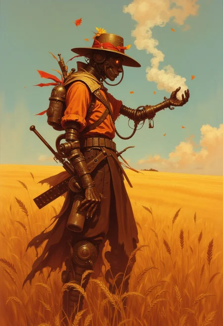 Frank Frazetta fantasy oil painting of a Mecha scarecrow, digital art with strong autumn colors, a scarecrow made of steampunk parts, steam and smoke rises from its body, a serene wheat field