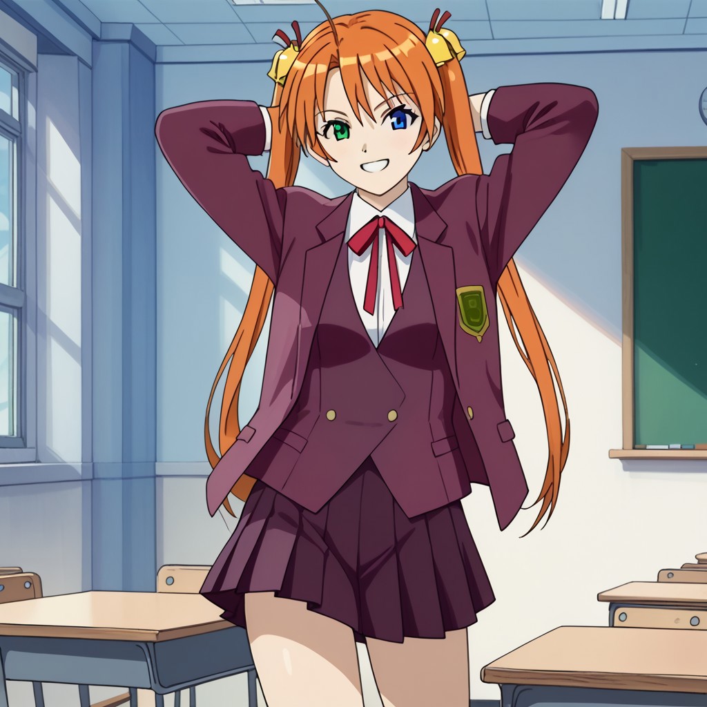 score_9, score_8, score_7,  break, solo, asuna_k, 1girl, orange hair, long hair, twintails, bell, hair ornament, heterochromia, blue eye, green eye, school uniform, medium breasts,  jacket, skirt, hands behind head, classroom, smile, looking at viewer,