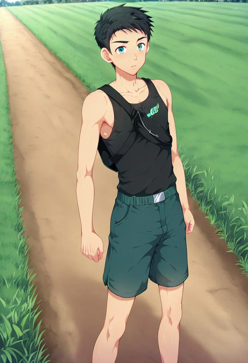 yuto_umemura, black hair, short hair, mint green eyes, 1boy, solo, male focus, black tank top, dark blue shorts, outdoor, he is wearing black chest bag, strong leg, standing, sunny day, at green field
