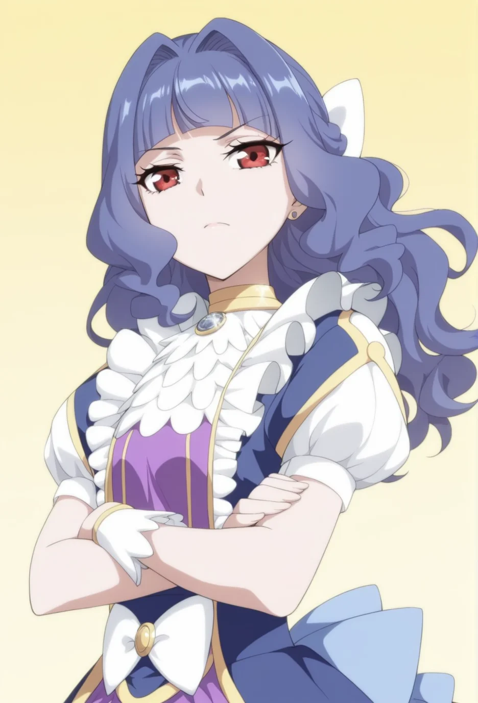 simple_background,official style,anime coloring,(anime screencap) masterpiece,masterpiece,best quality,very aesthetic,absurdres,highres,
maiden,slim figure,small breasts,
light grey background,solid color background,cinematic_angle,1girl,solo,<lora:detailed hand focus style illustriousXL v1:0.8>,detailed,
looking at viewer,facing viewer,contempt,arms_crossed,upper body,portrait,
<lora:DPCQ-Yu ErV1-Nuclear1811-IL:0.9>,Yao Ye,red eyes,blue hair,long hair,wavy hair,bangs,blunt bangs,hair intakes,hair bow,white hair bow,choker,jewelry,white bow,brooch,frills,dress,blue dress,blue back bow,short sleeves,puffy sleeves,puffy short sleeves,wrist cuffs,skirt,purple skirt,thighhighs,blue thighhighs,frilled thighhighs,shoes,blue footwear,