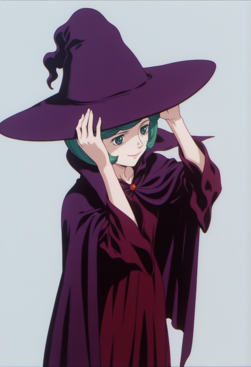 anime screencap, anime coloring, 1girl,  solo,    <lora:DX888SchierkeIL:1>schierke, bob cut, green hair, green eyes, witch, witch hat, cape, dress,  BREAK grey background, dithered background, BREAK dutch angle,  from above, from side, dynamic pose, posing, smile,       rabbit pose, standing, balancing,
