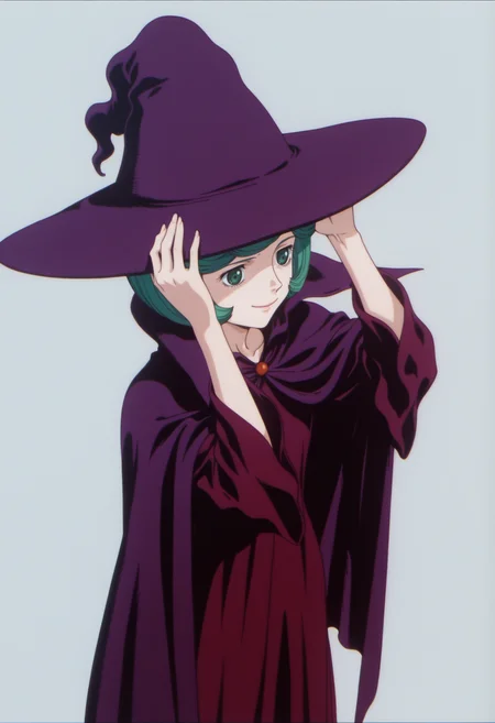 anime screencap, anime coloring, 1girl, solo, <lora:DX888SchierkeIL:1>schierke, bob cut, green hair, green eyes, witch, witch hat, cape, dress, BREAK grey background, dithered background, BREAK dutch angle, from above, from side, dynamic pose, posing, smile, rabbit pose, standing, balancing,