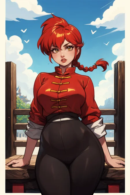 1girl, (solo:1.2), (cowboy shot:1.2), (looking at viewer:1.3),
<lora:Ranma - Ranma-chan [justTNP - v1.0]:1> femaleranma, braided ponytail, (chinese clothes:1.2), tangzhuang, black pants, (red chinese style jacket:1.3), curvy, large breasts, young female, (energetic:1.2)
BREAK <lora:CyanCapsule [MockAi - v1.0]:0.85> cyancapsule, western artstyle, (painterly style:1.4), (vibrant colors), (soft lineart:1.2), (blurry lineart), vivid
BREAK intricate details, (masterpiece:1.3), (best quality:1.3), (perfect anatomy:1.4) BREAK, (beautiful white clouds:1.3), puffy clouds, white sky