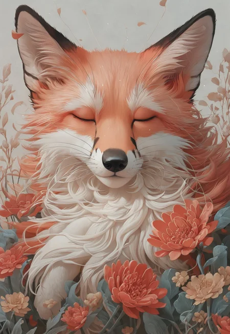 Score_9, score_8_up, score_7_up, score_6
(dim lighting, light particles, highres, closed_mouth:1.4, absurdres)
Fl0ralD0lls solo, closed eyes, flower, artist name, signature, no humans, animal, leaf, white flower, fox, sleeping, plant, red flower, pink flower, yellow flower, realistic, animal focus, orange fur, whiskers