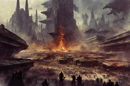 a fantasy landscape scene from a cyberpunk lore book of several characters interacting in a massive busy market place, with great massive grand alien fortress in the background ,fantasy, high contrast, explosions, over exposure, abstract, brush strokes, negative space, <lora:marcXL-000080:0.6>