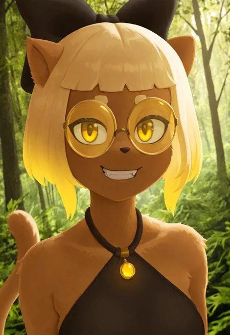 masterpiece, best quality, amazing quality, very aesthetic, high resolution, ultra-detailed, absurdres, newest, scenery, 1girl, DofusJulie, furry, anthro, glow, anthro furry female brown cat, gradient hair, blonde hair, bob cut, bangs, medium short hair, glowing gradient brown yellow eyes, large eyes, enface portrait, medium breasts, looking at viewer, welcoming, smirk, smug, grin, warm smile, cute fangs, small blond eyebrows, round golden glasses, dark skin, cat tail, cinematic lighting, fluffy, portrait, face focus, dutch angle, black bow, hair bow, black halterneck,(detailed forest background, magical background:1.2), BREAK, detailed eyes, photorealistic details, depth of field, detailed fluffy fur, volumetric lighting,