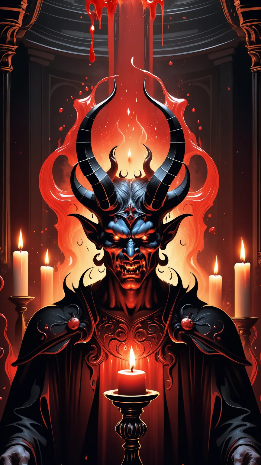 Portrait of a terrifying demon, candles, in a dark room, explosion of liquid splash blood, highly detailed, fantasy background, illustration