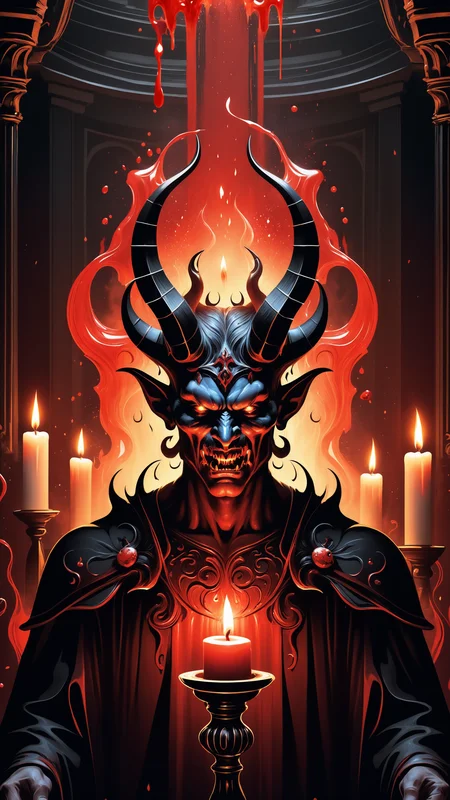 Portrait of a terrifying demon, candles, in a dark room, explosion of liquid splash blood, highly detailed, fantasy background, illustration