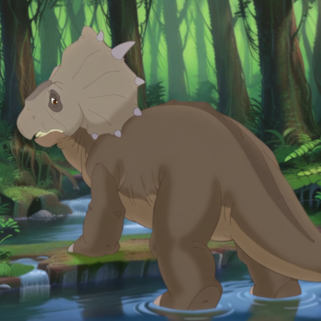 masterpiece, best quality, amazing quality, thicknoselbtil, feral, male, Pachyrhinosaurus, brown skin, brown eyes, crest with spikes, tail, standing, from behind, forest, along side a flowing stream, water,