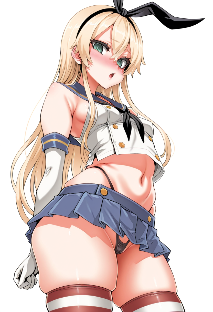 masterpiece, best quality,
 <lora:Asanagi:1> S4s4k1Nsfw, 1girl, gloves, long hair, thighhighs, elbow gloves, underwear, skirt, panties, highleg, blonde hair, black panties, white gloves, hair ornament, green eyes, hairband, skindentation, sailor collar, looking at viewer, navel, blush, blue skirt, miniskirt, pleated skirt, solo, thighs, hair between eyes, breasts, open mouth, school uniform, serafuku, bangs, white background, small breasts, sleeveless
