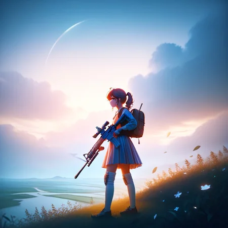 score_9, score_8_up, score_7_up, score_6_up, score_5_up, score_4_up, source_anime, (Anime girl:1.2), (Anime style:1), masterpiece, trending on artstation, high quality, Pixel-perfect precision, pristine detail, 8K resolution, high fidelity, Insane quality, <lora:Holding_Weapon_Lora_-_For_Pony_models:1> ho1ding-weap0n, 1girl, holding rifle, standing, night