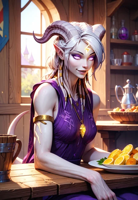 (absurdres, best quality, masterpiece:1.4), score_9, score_8_up, score_7_up, score_6_up, detailed, detailed body, detailed face, world of warcraft, fantasy, <lora:add-detail-xl:1.5>, 

fFaceDetail, ((female, draenei, tall, athletic arms, pale white skin, long white hair, purple eyes, long white tail), (h0rns, ram horns, white horns), 
(long fingers, purple fingernails, purple nail polish)), 

full body, close up, looking toward viewer, soft smile, sitting on chair, sat next to table, 

(long loose purple dress, purple silk scarf, tail under dress, simple armlet, small yellow gem pendant), 

depth of field, in front of wooden building, wooden village, food and drink on table, sunshine